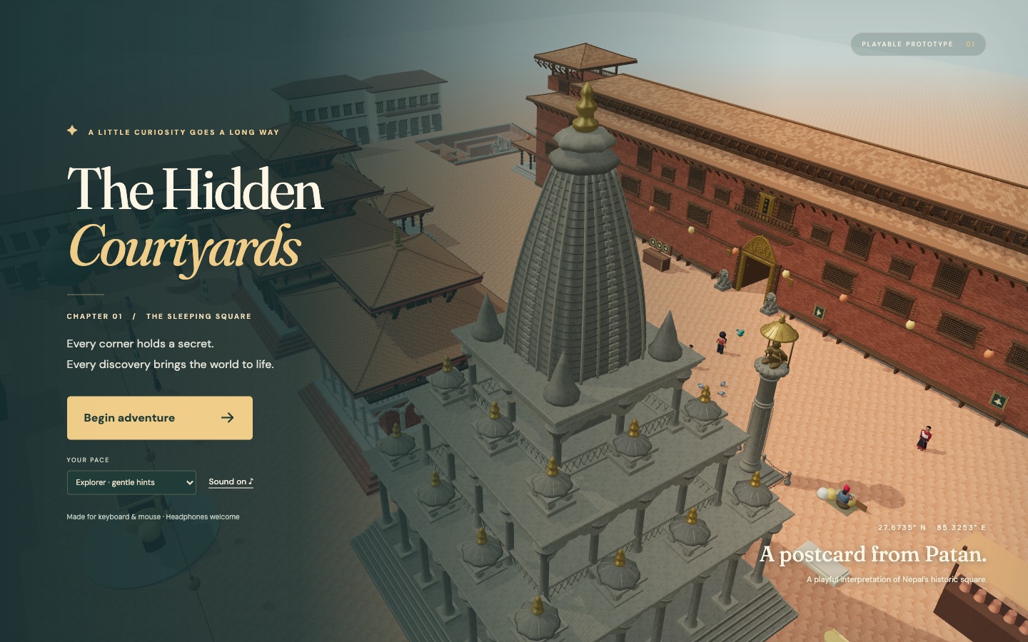 The Hidden Courtyards game: a stone temple, brick palace, and people in a stylized Patan-inspired square